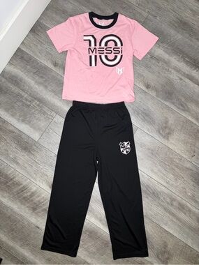 Kids Pink Messi Short Sleeve Top and Black Jogger Pants